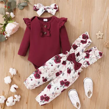 0-24 חודשים התינוק הנולד ילדה 3PCS בגדים להגדיר שרוול ארוך רומפר+פרח רצועה מכנסיים+סרט האביב&סתיו תלבושת יפה