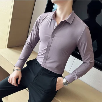 2022 מתיחה שרוול ארוך חולצה לגברים פנאי לבוש עסקי שאינו ברזל קרח משי אופנה הקוריאנית Slim Fit ירוק S-4XL
