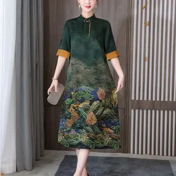 20223 סיני חדש אלגנטי נשים אופנה cheongsam שמלת פרח הדפסה חצי שרוול רופף בסגנון משופר צ ' יפאו שמלת מסיבת s72