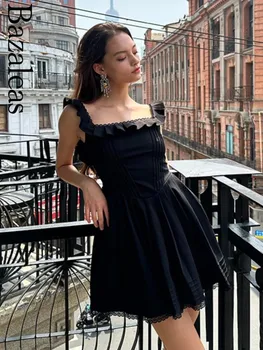 2023 Bazaleas חנות Traf שרוולים קו מיני החלוק כיכר קולר קפלים שמלה אלגנטית מחוך השמלה של נשים הרשמי