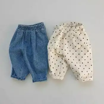 2023 אביב התינוק החדש משוחרר מכנסי ג 'ינס אופנה בנות תינוק דוט הדפס מכנסיים חמודים פעוטות בנים מכנס ג' ינס בגדי תינוקות