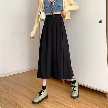 2023 אופנה ארוך חצאית גבוהה המותניים קו אלסטיים מותן קפלים חצאית אלגנטית קפה שחור מוצק צבע מקסי-חצאית לנשים ילדה