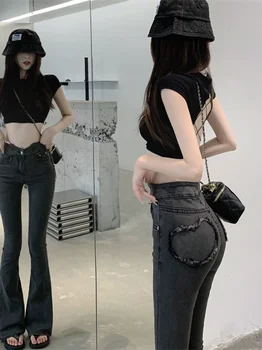 2023 אופנתי שחור גבוהה המותניים סקיני ג ' ינס של נשים קיץ וילון דק חוש עיצוב נישה מיקרו קרן מכנסיים נקבה בגדים