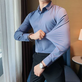2023 אלסטיות גבוהה לובש רק חולצות גברים ביגוד איכותי מקרית Slim Fit יוקרה Camisas דה גבר עסקים רשמית גודל S-4XL