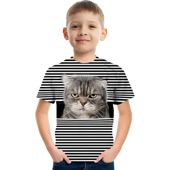 2023 הבנים שרוול קצר חולצת טריקו אופנה העליון קריקטורה חולצה הבנים 3D חתול קטן למעלה
