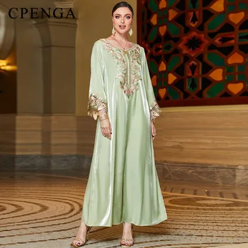 2023 חדש תחרה, רקמה השמלה יוקרה ירוק מנטה V-צוואר Abaya Jalabiya המוסלמים שמלות מקסי לנשים המפלגה האסלאמית בגדים