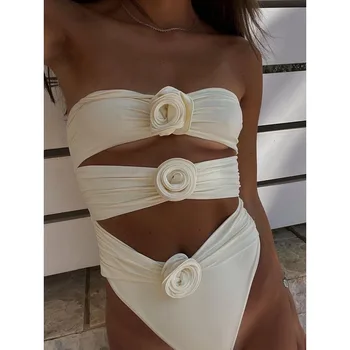 2023 לבן בגדי נשים פרחוני 3D אחד-חתיכת בגד ים Bandeau סקסי Beachwear בגד ים ביקיני בקיץ נקבה בגדי ים Monkini