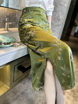 2023 סינית בסגנון רטרו ירוק משובח cheongsam כפתור עיצוב החצאית של נשים קיץ בגזרה גבוהה שסף אלגנטי חצי חצאית s297