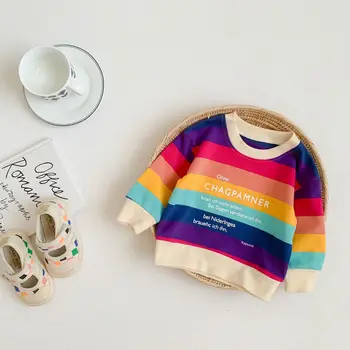 2023 סתיו קוריאנית בייבי בנות חולצות כותנה שרוול ארוך בצבעי הקשת מכתב צבעוני בנות תינוק חולצות לפעוטות בנות מקסימום