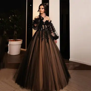 2023 פאנק הגותי שמלת ערב נשים Balck תחרה כתם שרוול ארוך אפליקציות מתוקה אורך רצפת שמלת מסיבת קו Vestidos