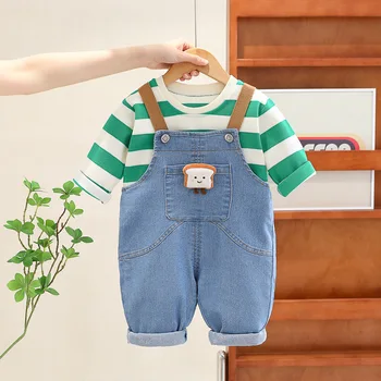 2023 פעוט, תינוק סתיו חורף חליפות פסים דפוס קט מקסימום מזדמן כתפיות ג ' ינס סרבל 2Pcs סט בגדים
