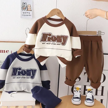 2023 פעוט, תינוק תלבושות תבנית מכתב החולצה סוודר מקסימום רצים מכנסיים להגדיר בלוק צבע סתיו חורף בגדים 2pcs