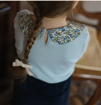 2023 פעוטות בנות לבן ורוד כחול בהיר סגול שרוול ארוך סתיו אביב החולצה התינוק פרחוני צווארון פיטר פן חמוד גבי החולצות.