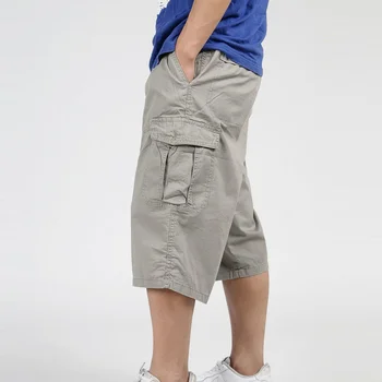 3/4 מכנסי גברים קיץ רב-כיס באגי מטען כותנה עגל אורך מכנסיים מזדמנים מכנסיים זכר גדול מוצק צבע בתוספת גודל XL-6XL