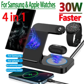30W 4 ב 1 מטען אלחוטי לעמוד Pad עבור iPhone 14 13 12 Pro Samsung 3/4 פעיל 2/1 אפל שעונים Airpods טעינה מהירה אינדוקציה