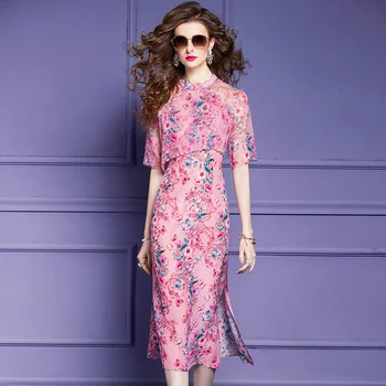 AIMEILI נשים אביב & קיץ חדש אלגנטי עיפרון שמלת איכות גבוהה V-מסיבת קוקטייל החלוק בציר מעצב רשת Vestidos