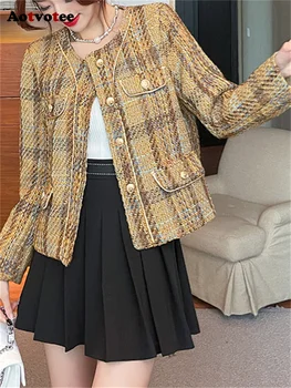Aotvotee ניגודיות צבע מעילי נשים 2023 סתיו צרפתי בסגנון וינטג ' או ' צוואר מעילים האופנה השרוול הארוך הכפתור למטה מעילים