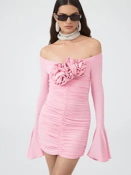 BEVENCCEL 2023 חדש לנשים של ורוד סקסי מחוץ כתף פרח עיצוב שרוול ארוך תליון שמלת מיני אלגנטית סלבריטאים שמלת מסיבת