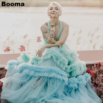 Booma אלגנטי קו שמלת הנשף בשכבות Ruched בד טול רשמי שמלות ערב גדול עם קשת פשוטה ארוך מסיבת אירוסין שמלות