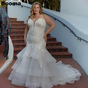 Booma בתוספת גודל אלגנטי בתולת ים שמלות כלה אפליקציות קפלים ספגטי רצועת Bridals שמלות לנשים שמלה עם רכבת לטאטא