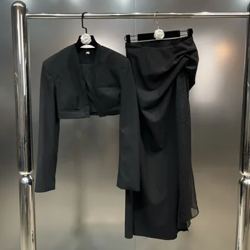 BORVEMAYS 2023 סתיו חדש V בצוואר שרוול ארוך שחור בלייזר + גבוהה המותניים אורך הברך חצאיות קפלים שני חלקים קובע כל-התאמה