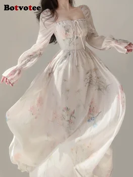 Botvotee פרחוני שמלת מקסי נשים 2023 בסגנון צרפתי אופנה וינטג', אלגנטי שרוול ארוך שיפון שמלה אופנתי קו נטוי הצוואר סלים שמלה
