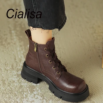 Cialisa פלטפורמה נשים מגפיים קצרים 2023 סתיו חורף עגול הבוהן באיכות גבוהה בעבודת יד נעלי רוכסן עקבים גבוהים נשים מגפי קרסול