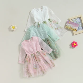 Citgeett סתיו פעוטות ילדים ילדה שמלת נסיכת שרוול ארוך רקמה פרחונית תחרה טלאים טול רשת השמלה בגדים
