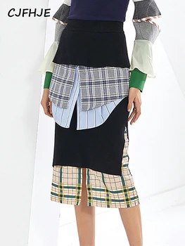 CJFHJE חדש לנשים משובץ גבוה מותן חצאית אביב סתיו אופנה קוריאנית מקרית Slim Fit RufflesTiered מזדמנים נשים Midi חצאית