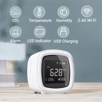 CO2 אוויר גלאי Wifi 3-In-1 מקורה CO2 הגלאי מזהה CO2 טמפרטורה לחות בתוך המשרד הביתי האור-ו-צליל אזעקה כפולה