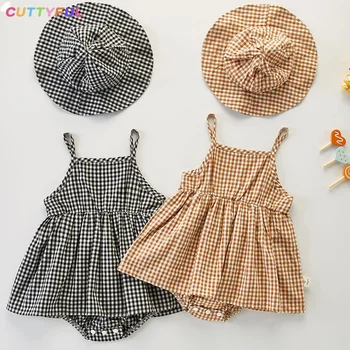 Cuttyful התינוק הנולד בנות סרבל+כובע וחולצת כותנה משובץ תינוק תינוק שמלת ילדה רומפר בגדים לקיץ