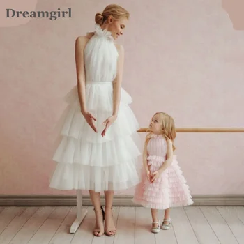 Dreamgirl ורוד בשכבות פרח ילדה שמלות שנהב גבוה צוואר שמלת ערב הורות שמלה קו חריץ טאל ללא שרוולים שמלת מסיבת