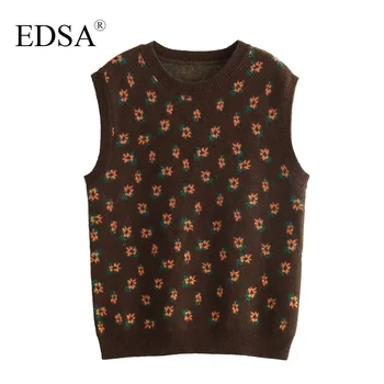 EDSA נשים אופנה אקארד סוודר שרוולים O-צוואר סרוגים החולצה לסתיו חורף Pullovers
