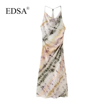 EDSA נשים אלגנטי עניבה-צבע הדפסה Midi שמלה 2023 הקיץ הברדס הצוואר דק רצועות לחופשה החוף סגנון גבוהות מותן, שמלות