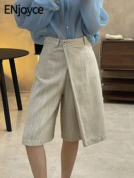 ENjoyce נשים וינטאג פשתן רופף גבוהה המותניים חליפת מכנסיים באיכות גבוהה במשרד בנות חופשי אמצע אורך חליפת מכנסיים אביב קיץ