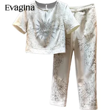 Evagina 2023 חדש אופנה נשים וינטאג ' הדפס יהלומים החליפה אביב קיץ קצר שרוולים＋עיפרון המכנסיים שני חתיכת קבוצה