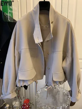[EWQ] קוריאנית שולי שרוך ' קט לנשים חופשי יומיומי שרוול ארוך בודד עם חזה מעיל מעילי 2023 סתיו חדש הגאות Outwears