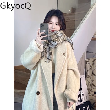 GkyocQ דו צדדי קשמיר מעיל נקבה 2023 קוריאנית מזג דש כפול עם חזה חופשי בינוני-אורך צמר טוויד מעיל