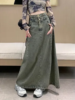 GUUZYUVIZ בציר בוטון ג 'ינס חצאיות ארוכות לנשים 2023 אופנה מזדמן רופף גבוהה המותניים קו חצאית ג' ינס לראשונה חצאית Longues פאטאל