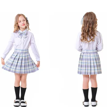 Harajuku Japaneses סגנון מתוק חמוד בנות משובצת מיני עם קפלים החצאית הבמה ליל כל הקדושים תחפושות קוספליי JK ילדה בבית הספר המדים בחליפה