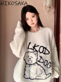 Harajuku Kawaii Cartoonjacquard סוודר סוודרים קוריאנית O-צוואר רופף שרוול ארוך למשוך נשי 2023 סתיו חורף רכה Sueter Mujer