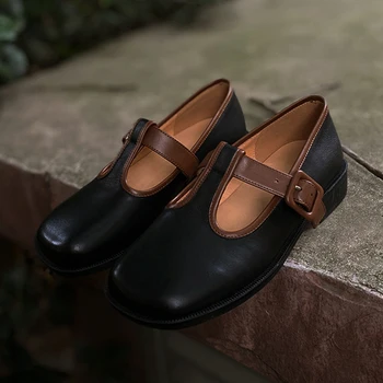Heihaian יחיד הנעל 2023 קיץ החדש בסגנון רטרו הונג קונג בסגנון חוטיני אבזם נעלי עור ראש עגול נעלי נשים