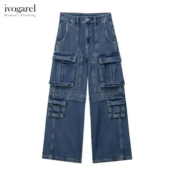 Ivogarel מטען גבוהה המותניים ג 'ינס של נשים משוחרר רחב הרגל Y2k מכנסי ג' ינס לולאות החגורה כיסים מרובים מול חריץ החמוס ג ' ינס