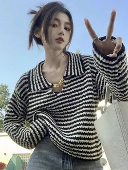 Jmprs קוריאני נשים משוחררות עם פסים סוודר שרשרת אופנה סתיו סורגת ' מפר יומיומי שרוול ארוך אופנת רחוב נקבה Harajuku מקסימום