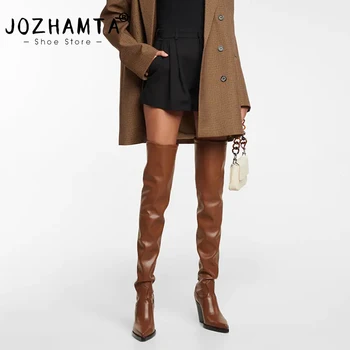 JOZHAMTA גודל 33-43 נשים מעל הברך מגפי עור אמיתי שמנמן עקבים גבוהים נעלי חורף אישה 2023 אופנה מגפיים גבוהים ירך