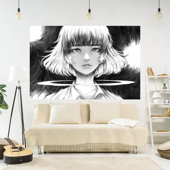 Kawaii הילדה אנימה הקיר תלוי שטיח שחור-לבן מנגה יפנית מודפס מעונות רקע גדול בד של עיצוב חדר