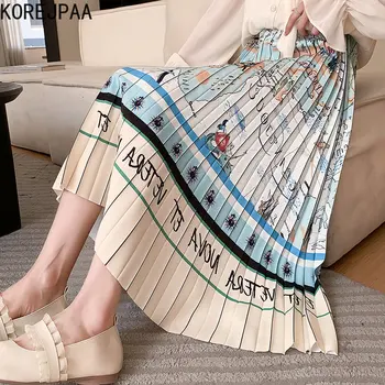 Korejpaa האישה חצאית רטרו אלגנטי מודפס אופנה מידי חצאיות להאריך ימים יותר נשים קוריאני סגנון גבוה מותן קפלים בגדי הקיץ