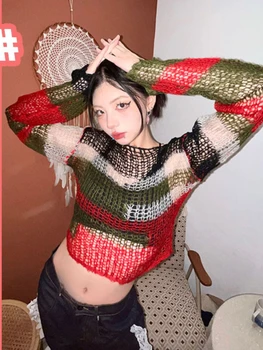 Korobov סקסי חלול החוצה סוודר נשים בגדים הקולר חופשי צמר סריגים Harajuku סגנון Y2k אביזרי אופנה קוריאנית Sueter