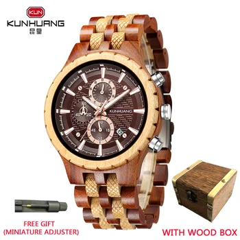 KUNHUANG באיכות גבוהה עץ, שעון גברים שעון הכרונוגרף קוורץ תכליתי לצפות זוהר יוקרה עץ קופסא מתנה Montre homme
