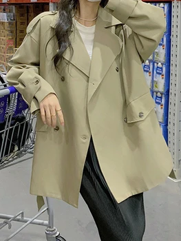 LANMREM דש החגורה אסף המותניים מעיל רוח לנשים אופנה כפול עם חזה מוצק צבע המעיל 2023 סתיו חדש 2AA2161